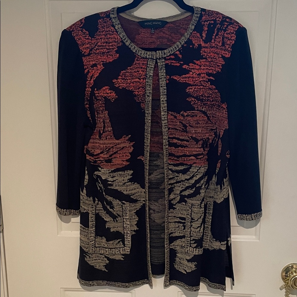 Ming Wang Black and Coral Knit Cardigan